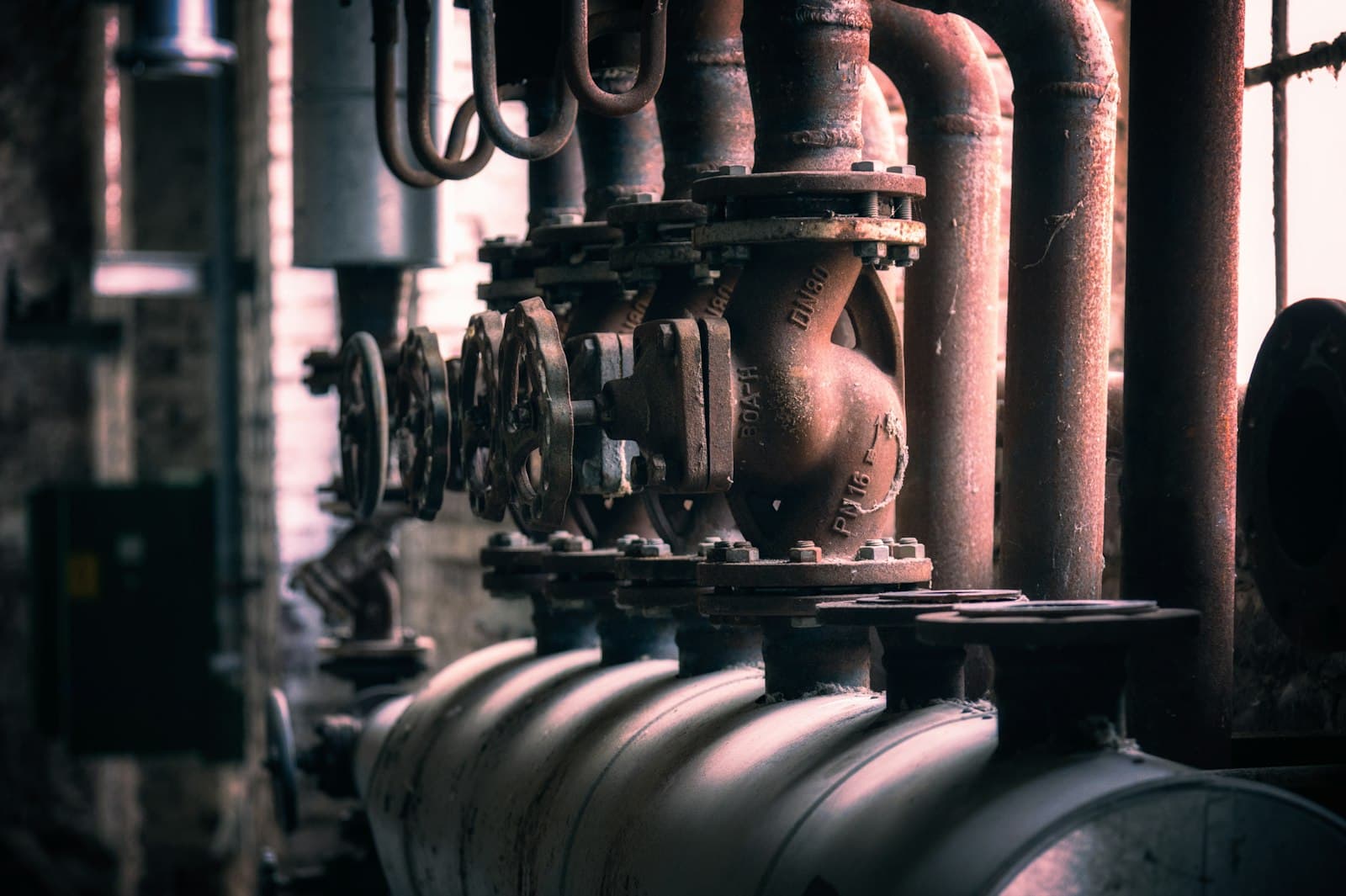 Industrial gas line valves and pipework